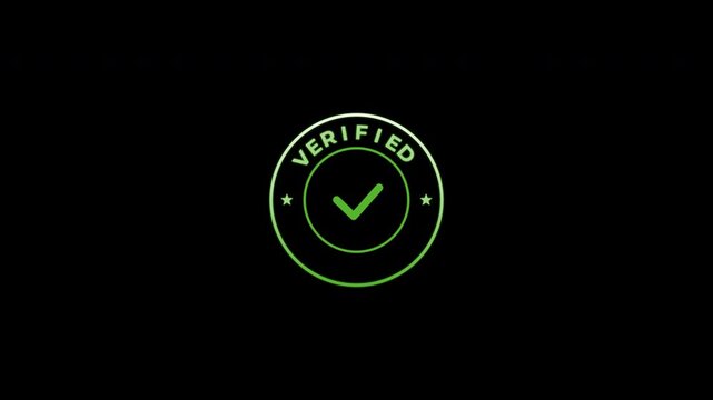 Green neon circle with checkmark and "VERIFIED" text. Bright glow stands out against black background. Suggests approval, trust, or authentication. Ideal for digital verification or quality assurance