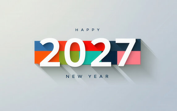 Happy new year 2027 banner design with multicolored square blocks backdrop.