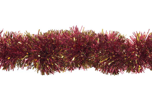 Festive red and gold tinsel garland isolated on white background