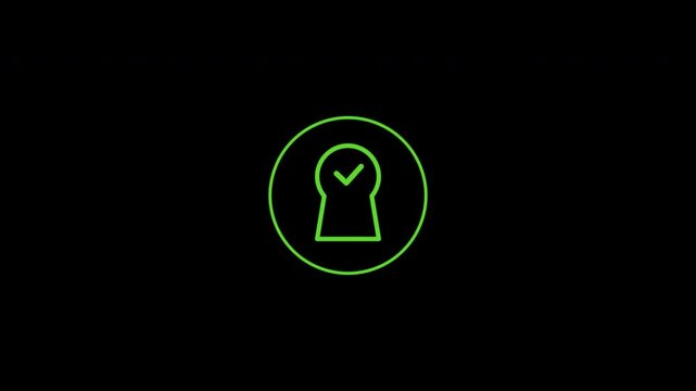 Green keyhole symbol glows on black background. Simple, modern design conveys access or security. Minimalist lines create clean, digital feel. Ideal for tech, security, or privacy themes