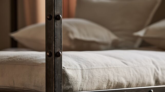 Modern metal bunk bed frame with soft bedding.