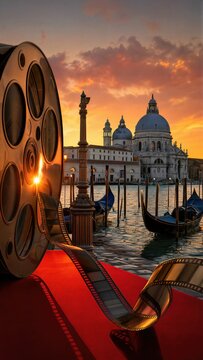 Venice film festival concept with movie reel on red carpet overlooking Santa Maria della Salute at sunset. Italian cinema event celebration. Artistic travel destination for movie lover.