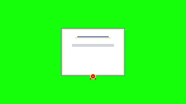 Animated certificate icon with red seal and checkmark on green screen background