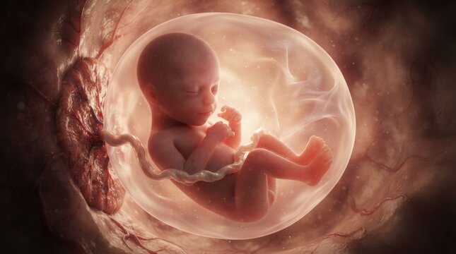 Fetus inside amniotic sac in womb illustration