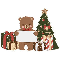 Fototapeta premium Cute Cartoon Christmas bear holding blank sign among gifts beside decorated tree, surrounded by presents, ribbons, ornaments, bell, star, and festive holiday decorations