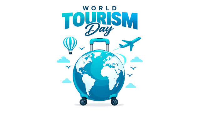 World tourism day concept with a globe shaped suitcase, hot air balloon, and airplane isolated on white background, world tourism day 2026, tourism day 2026, tourism day