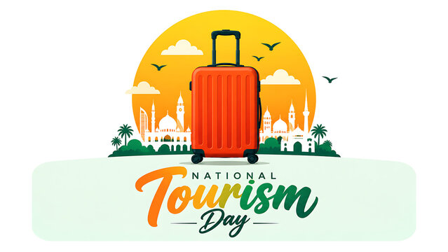 National tourism day concept with a travel suitcase and iconic city skyline silhouette against a sunset background, world tourism day 2026, tourism day 2026, tourism day