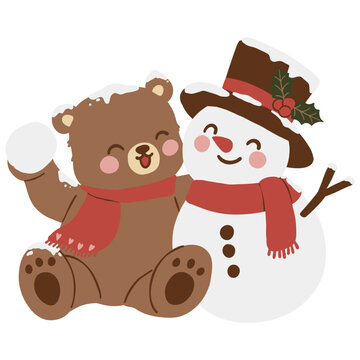 Christmas cartoon bear cuddles a smiling snowman while holding a snowball, both wearing scarves with top hat, holly, berries, and cheerful winter holiday charm