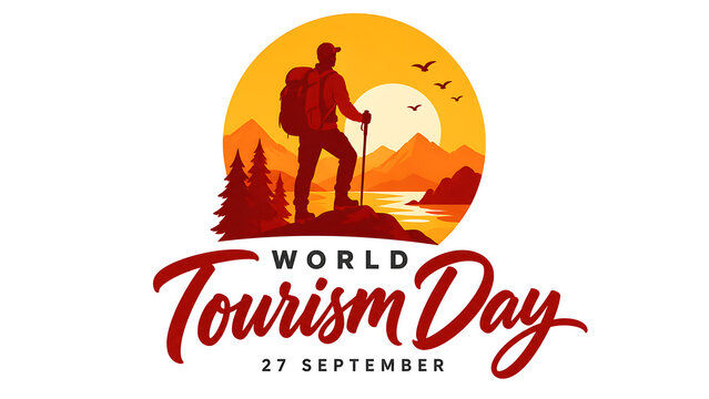 World tourism day celebration design with a silhouette of a hiker standing on a mountain peak at sunset, world tourism day 2026, tourism day 2026, tourism day