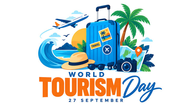 World tourism day celebration concept with travel suitcase, airplane, camera, hat, and tropical beach elements, world tourism day 2026, tourism day 2026, tourism day