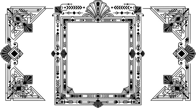 Art deco ornamental frame and corners set featuring rectangular geometric border fan motifs sunburst shell crown chevron line work and vintage page flourishes in vector style isolated on white