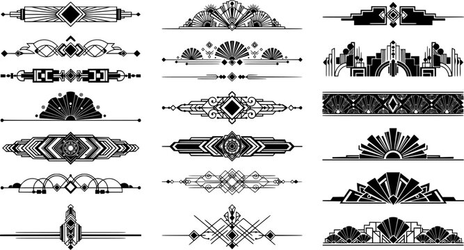 Art deco ornamental dividers set featuring geometric borders fan motifs chevron patterns header accents vintage rule lines and page decorations in vector style isolated on white background.