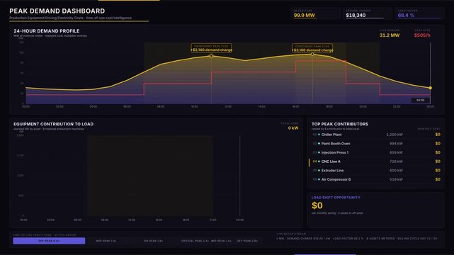 A dark-mode electricity demand dashboard visually represents production equipment's impact on costs with animated demand curves and peak contributor rankings.