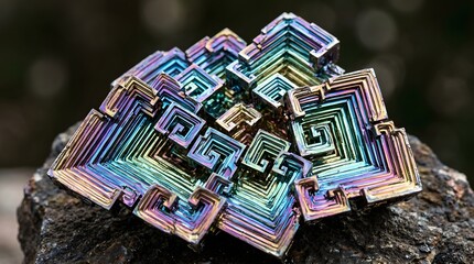 Obraz premium Iridescent bismuth crystal specimen featuring intricate hopper geometry and vibrant metallic rainbow colors captured with sharp focus and macro photography techniques