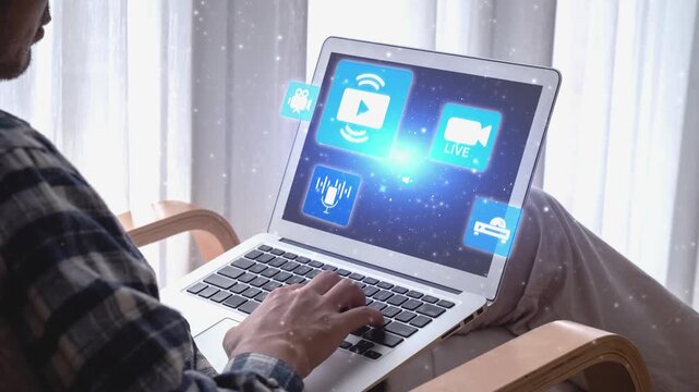 Multimedia technology with video, audio, photo and streaming icons representing digital media, communication and online platforms in a modern multimedia world. Gist