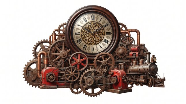 Steampunk clock and locomotive engine with complex mechanical gears