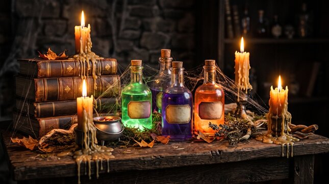 Witchcraft magic potions and glowing candles on an old wooden table in a dark room