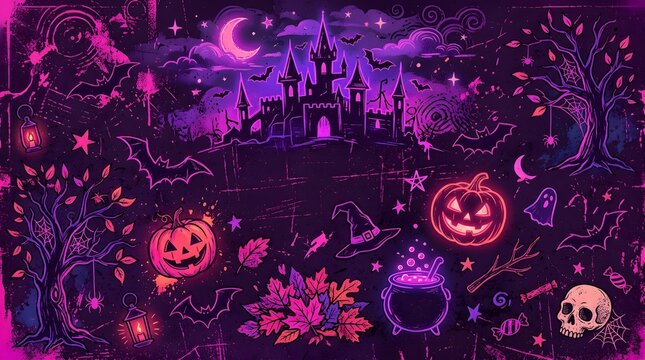 Halloween-themed pixel art with pumpkins and skull