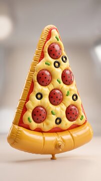 inflatable pizza slice pool float toy on bed, summer pool party and kids fun leisure concept