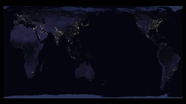 Cylindrical equal-area world map projection showing global night lights. Dark continents and illuminated cities visible. Vector illustration in blue and black tones.