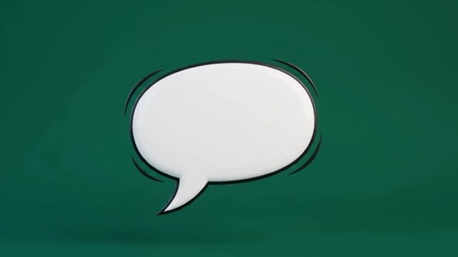 A minimalist 3D rendering of a blank white speech bubble icon floating against a dark green backdrop designed for versatile digital communication and creative messaging layouts