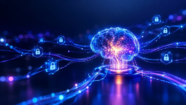 Abstract artificial intelligence brain connected to glowing data lock network nodes with technology