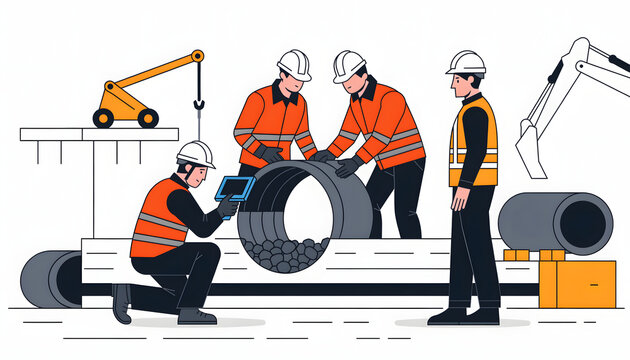 Construction Workers Managing Industrial Pipeline Installation and Maintenance Tasks on Building Site