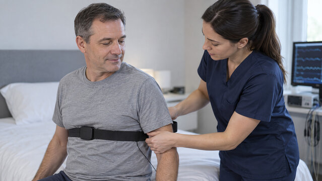 Female nurse fitting a chest effort belt on a male patient for a sleep study