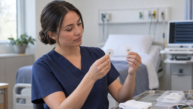 Female nurse comparing disposable medical electrodes in hospital patient room
