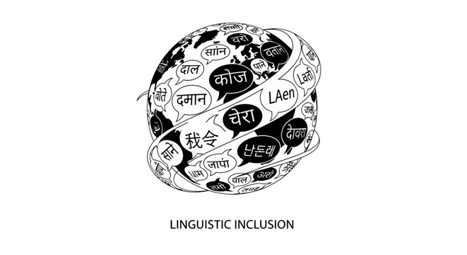 Black and white vector illustration representing linguistic inclusion and global communication, featuring a globe covered with speech bubbles containing various world scripts and languages.