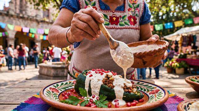 Traditional Mexican cook spooning walnut sauce over chile en nogada outdoors