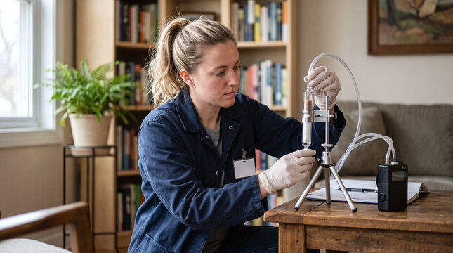 Female technician setting up formaldehyde air sampling tube in home living room