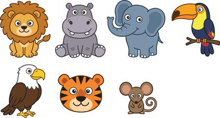 Obraz premium Cute Wild Animal Character Set with Cartoon Baby Lion, Tiger, Elephant, Hippo, Toucan, Eagle, and Mouse for Nursery and Kids Graphic Designs