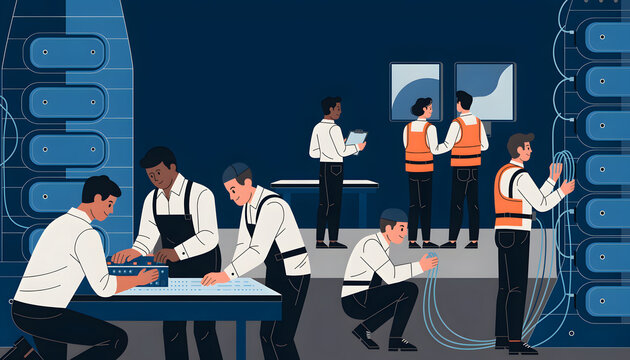 Technical engineers and data center specialists installing hardware and managing network cables in a secure server room environment