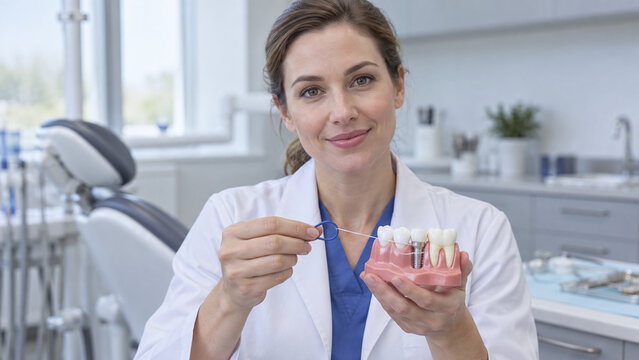 Female dentist demonstrating proper dental implant cleaning using a tooth model