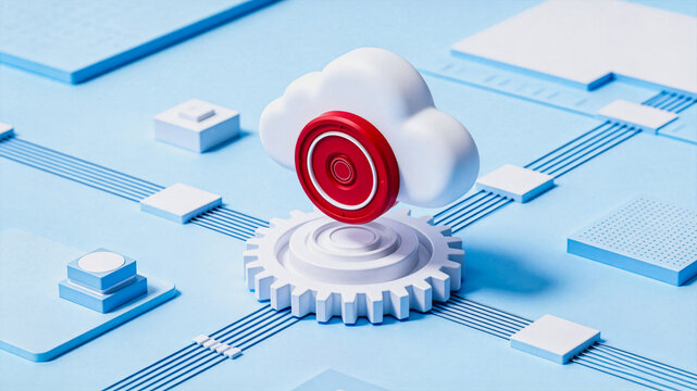 A 3D rendered tech illustration featuring a cloud, gear, and security icon on a circuit-like layout, representing cloud computing security.