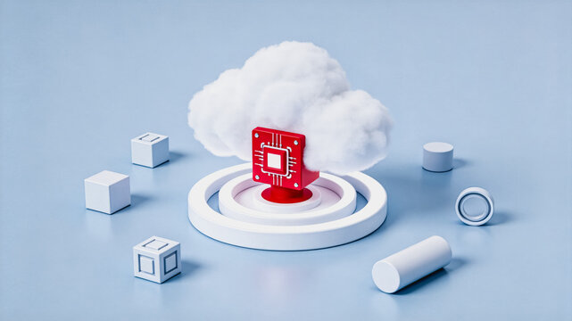 A conceptual 3D illustration showing cloud computing technology, featuring a microchip, storage elements, and ring-shaped structures representing digital infrastructure.