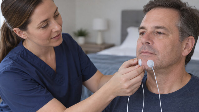 Female nurse applying sleep study monitoring electrodes to mature male patient