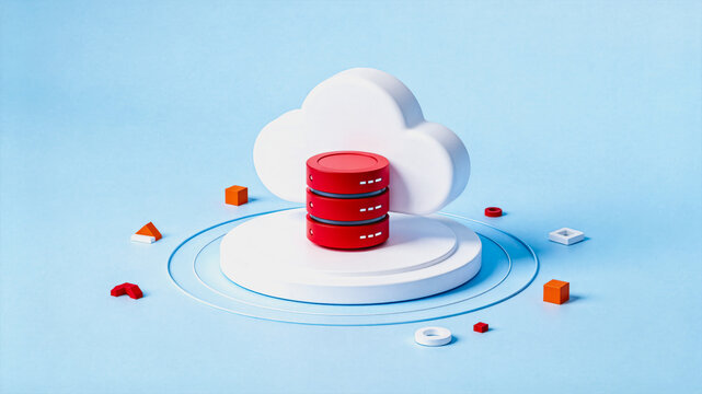 A 3D illustration showing cloud storage connected to a server, representing cloud computing and data management technology.