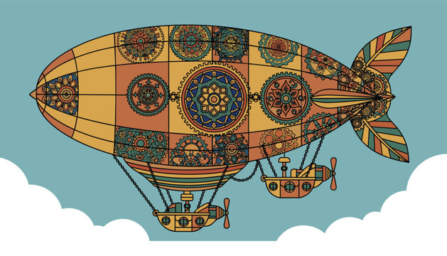Incredible steampunk airship decorated with beautiful mechanical patterns and gears soaring high above clouds.
