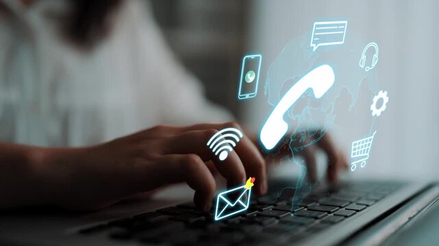 Person Using Laptop Computer with Virtual Customer Service Icons Representing 24-7 Assistance, Communication, and Support in Modern Digital Environment. Entropy.