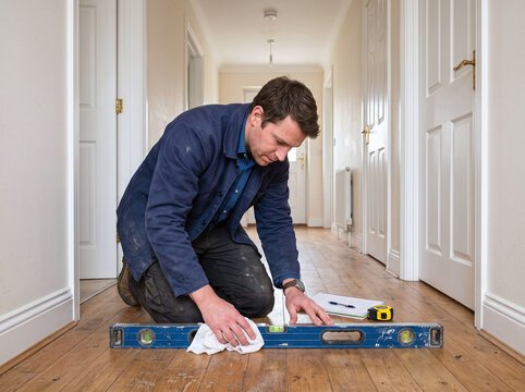 Professional male surveyor checking the wooden floor level in a home hallway