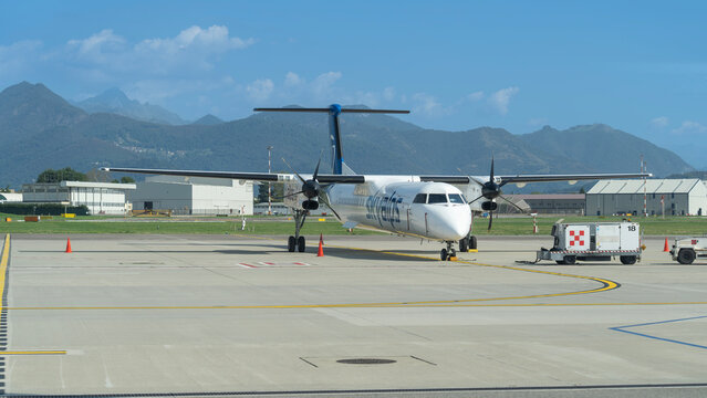 SkyAlps De Havilland Canada Dash 8-400 parked at BGY Milano Bergamo international airport