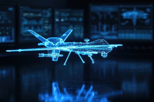 A digital hologram of a drone or unmanned aerial vehicle is displayed in a futuristic, high-tech environment.