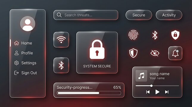 Glassmorphism User Interface Kit Featuring Translucent Security Icons and Mobile App Navigation Elements for Modern Dashboard Design