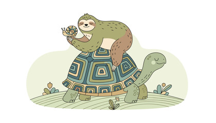 Fototapeta premium Whimsical children book illustration of a cute green sloth holding a snail while riding on a large friendly tortoise.