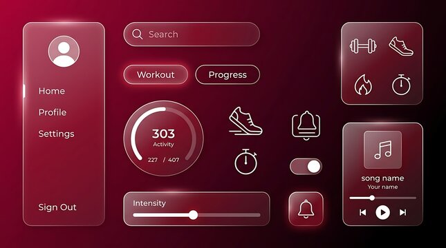 Red Glassmorphism User Interface Kit for Modern Fitness Tracking Application and Mobile Dashboard Design Elements