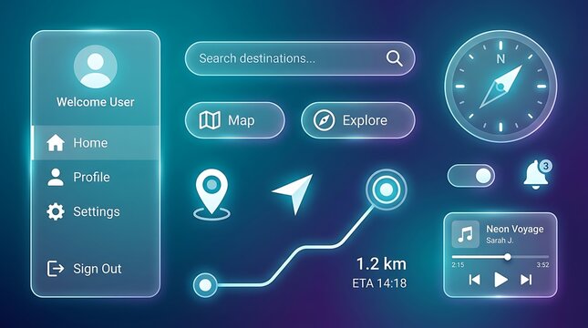 Futuristic Transparent User Interface Kit Featuring Navigation Elements and Digital Control Panels for Mobile Application Development