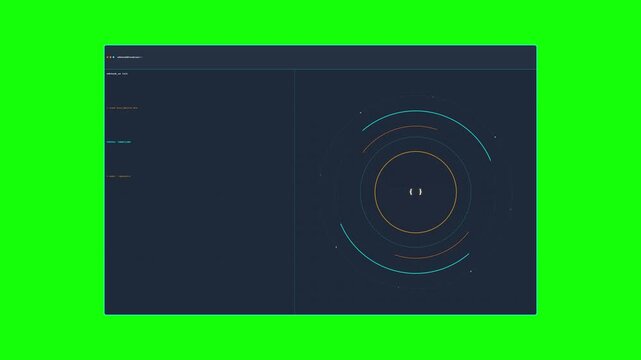 Programming code typing on screen next to rotating circular technology HUD, chroma key green screen background