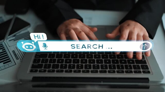 Modern Workspace with Laptop and Search Bar Graphic Displaying Hi Greeting and Bot Icon for Technology and Communication Themes. Entropy.